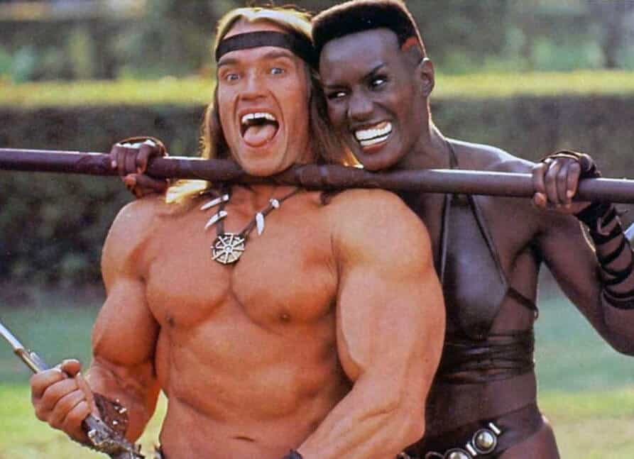 arnold and grace jones behind the scenes of the movie Conan